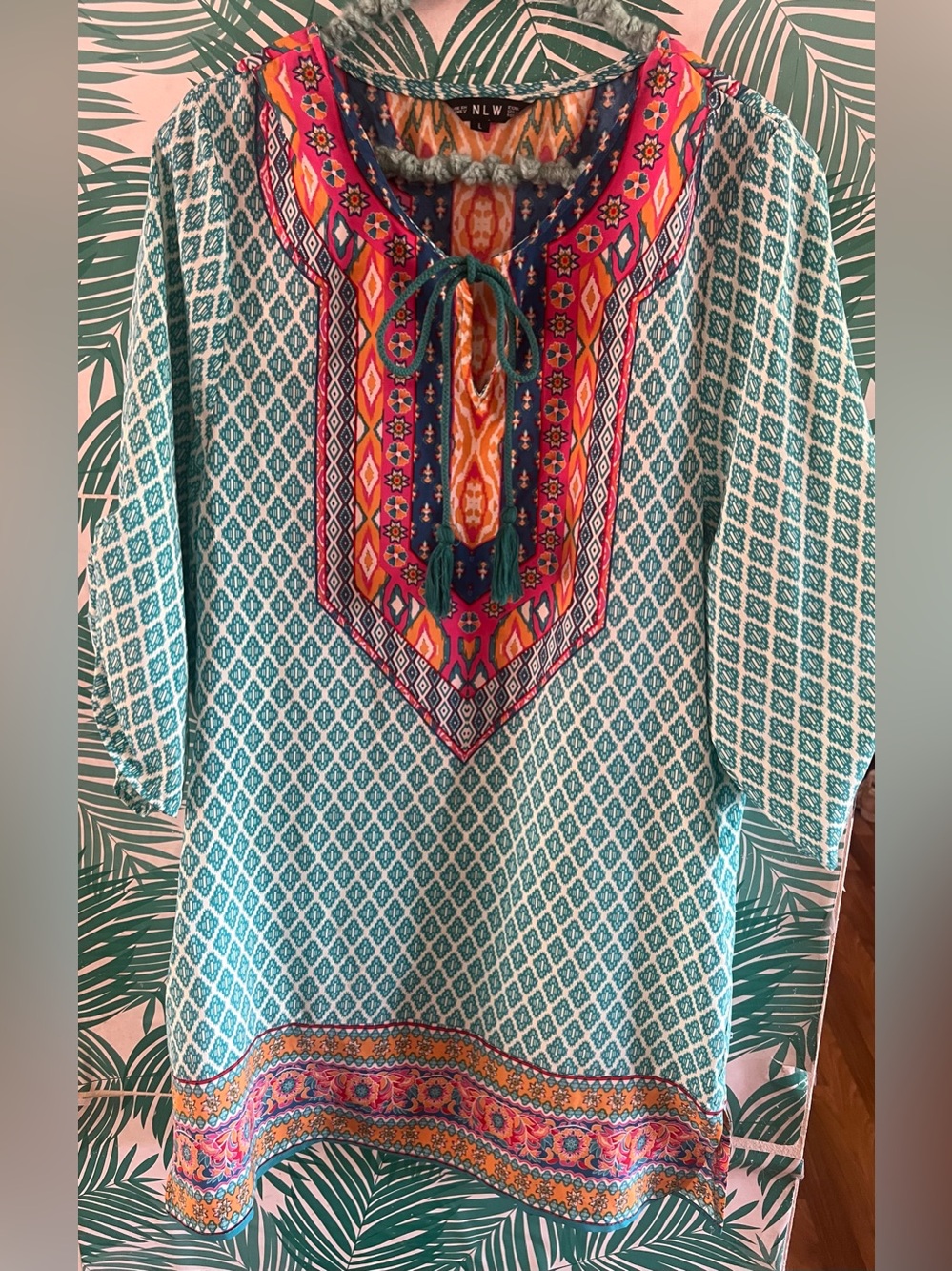 Bohemian Diamond-Print Tunic Top in Teal with Multicolor Embroidered Yoke NLW L